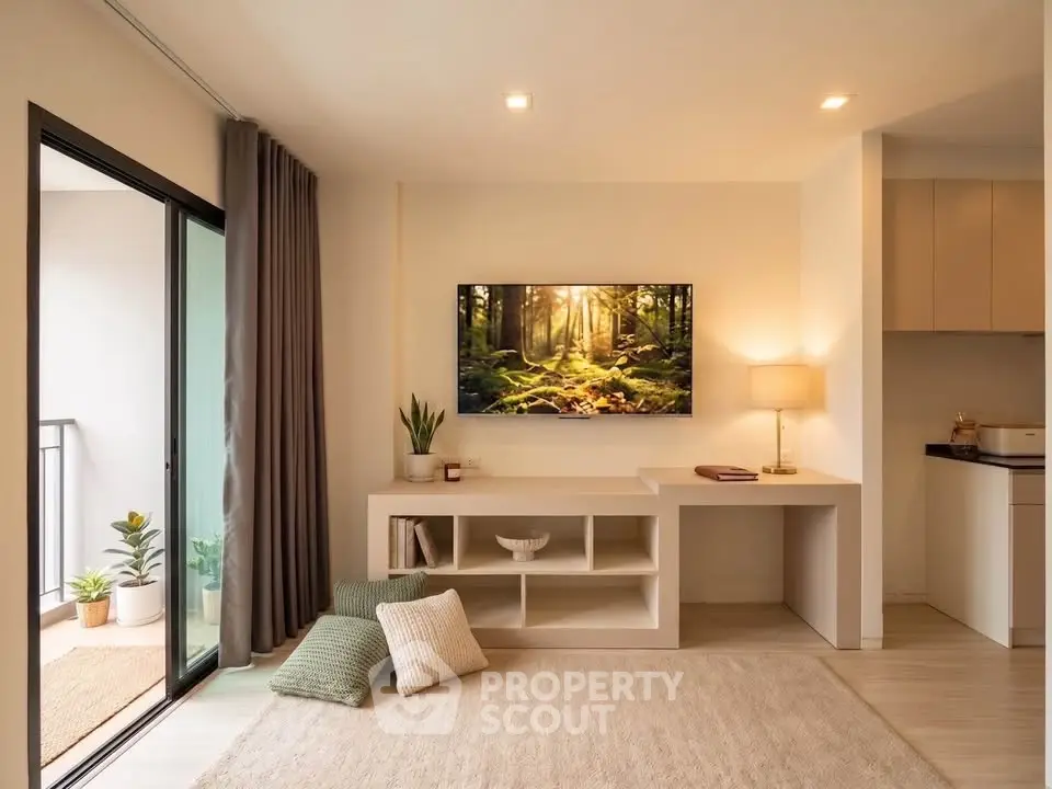 Modern living room with balcony access, stylish decor, and natural light.