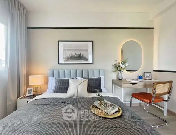 Stylish bedroom with modern decor and cozy ambiance, featuring elegant furniture and soft lighting.