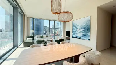 Luxurious modern living room with panoramic city views and elegant decor