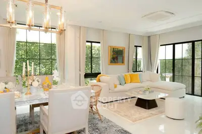 Elegant living room with large windows, stylish decor, and cozy seating area, perfect for modern living.