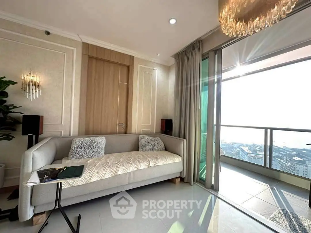 Luxurious living room with elegant decor and stunning balcony view