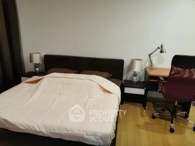 Cozy bedroom with modern desk and comfortable bed setup