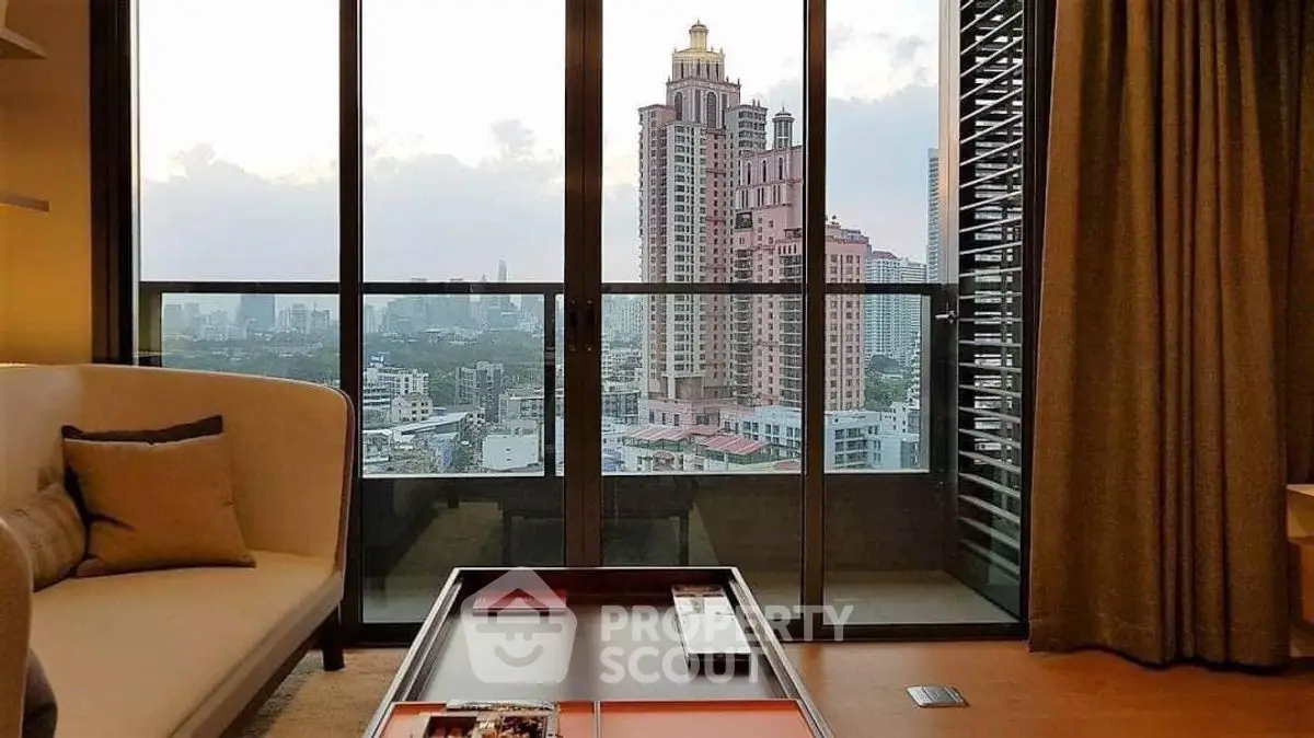 Luxurious living room with stunning city view from large windows
