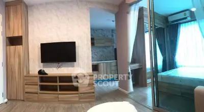 Modern apartment interior with wooden furniture and glass partition