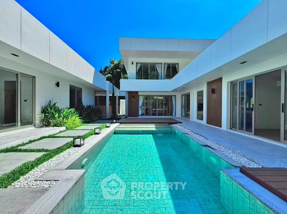 Luxurious modern villa with stunning pool and sleek architecture under clear blue sky.