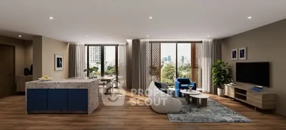 Spacious modern living room with open layout and city view, featuring stylish furniture and large windows.