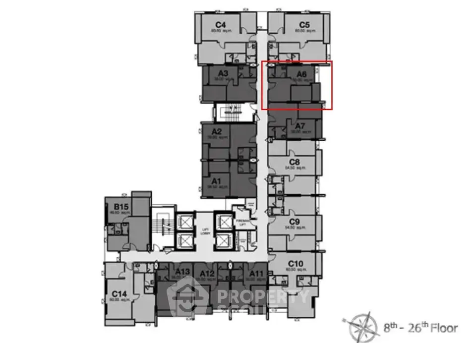 Floor plan layout of a multi-unit residential building highlighting unit A6.