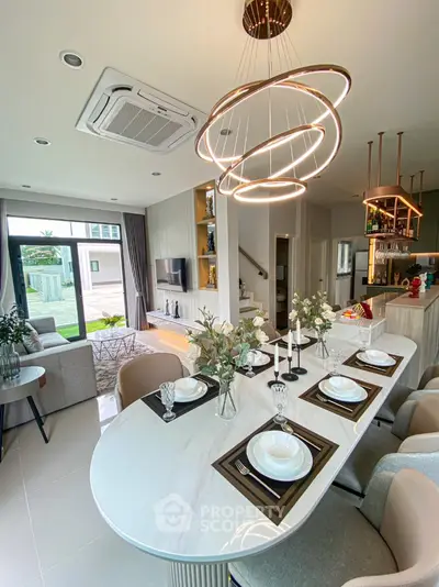 Luxurious modern living room with elegant dining area and stylish lighting