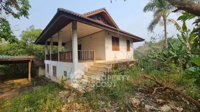 Charming rustic house with elevated porch surrounded by lush greenery and tropical plants.