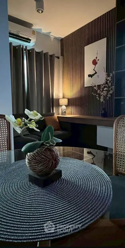 Stylish modern living room with elegant decor and ambient lighting