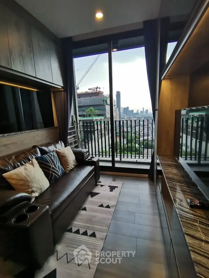 Modern living room with city view and stylish decor in urban apartment