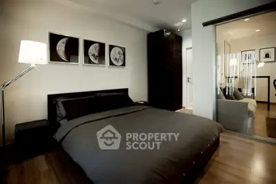 Modern bedroom with sleek design and moon-themed artwork, featuring a cozy bed and ambient lighting.