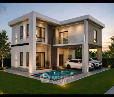 Modern luxury villa with pool and carport, featuring sleek architectural design and elegant lighting.