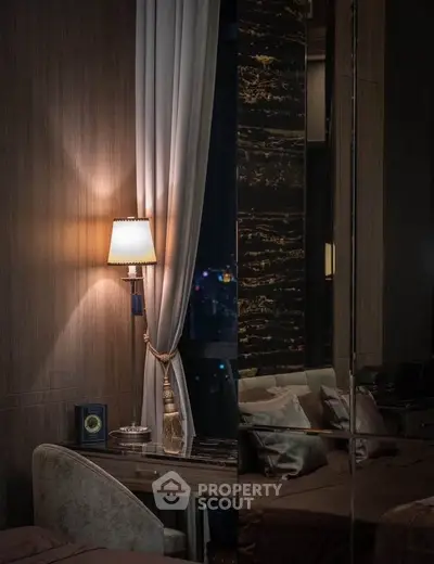 Luxurious bedroom with elegant lighting and city view