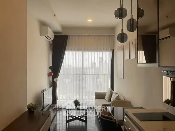 Modern living room with city view, featuring sleek furniture and stylish lighting.