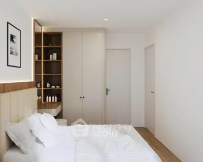 Modern bedroom with minimalist design and built-in storage