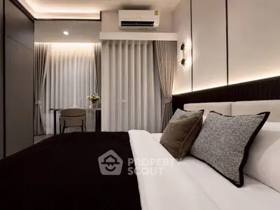 Luxurious modern bedroom with elegant decor and ambient lighting