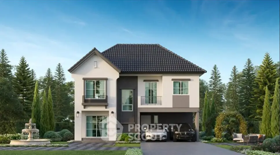 Stunning modern two-story house with landscaped garden and double garage in serene neighborhood.