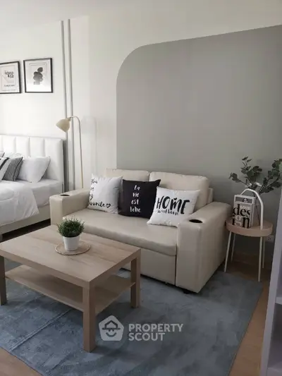 Modern living room with stylish decor and cozy seating area
