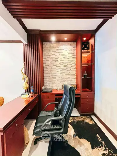 Luxurious home office with elegant wood paneling and modern decor