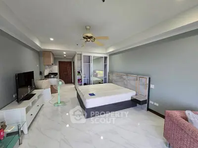 Spacious modern bedroom with open layout and stylish decor
