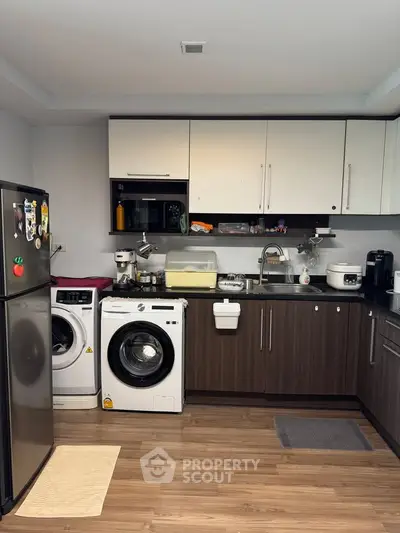 Modern kitchen with washing machine and sleek cabinetry