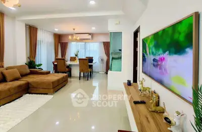 Spacious modern living room with elegant dining area and stylish decor
