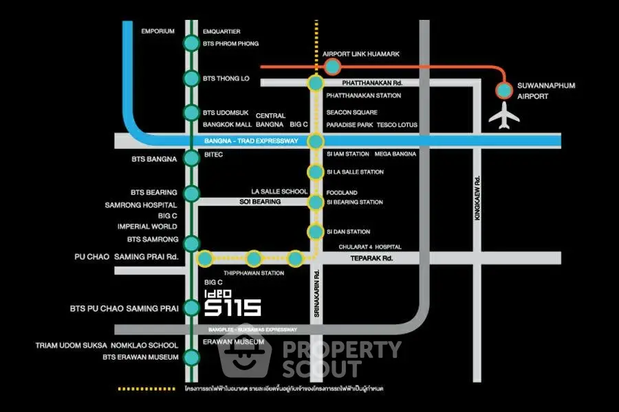 Map showing transportation routes and landmarks near Bangna-Trad Expressway and Suvarnabhumi Airport.