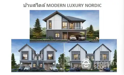 Modern luxury Nordic style house with elegant facade and spacious driveway.