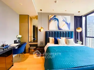 Luxurious modern bedroom with stunning city view and elegant decor