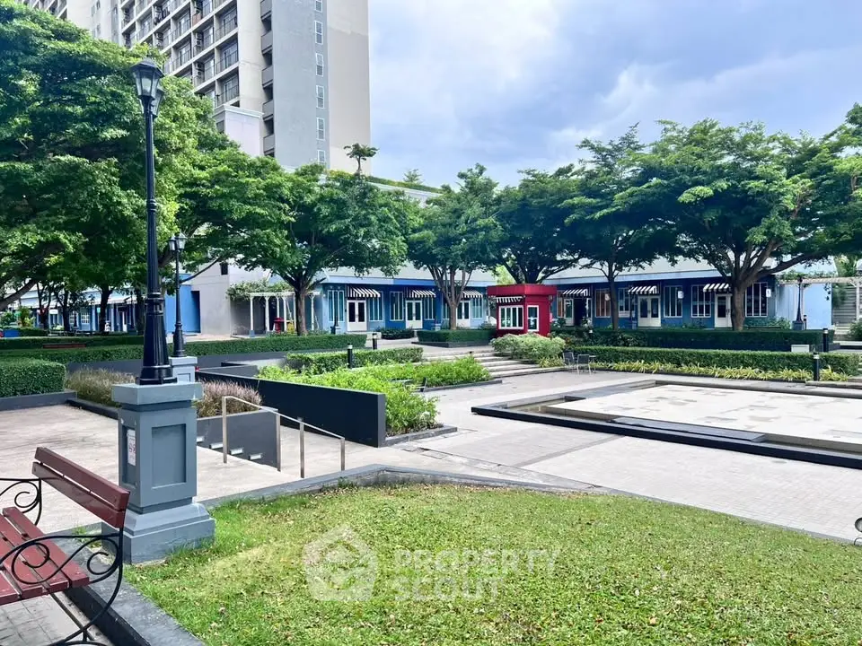 Charming urban park with lush greenery and modern architecture