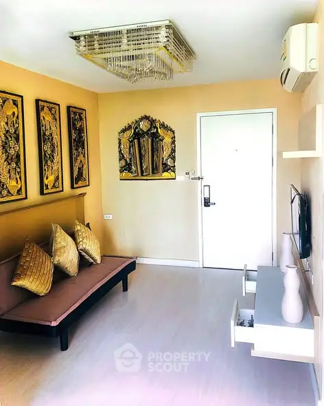 Chic living room with elegant decor and modern furnishings in a cozy apartment.