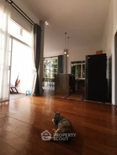 Spacious living area with open kitchen and large windows, featuring a cozy atmosphere and modern design.