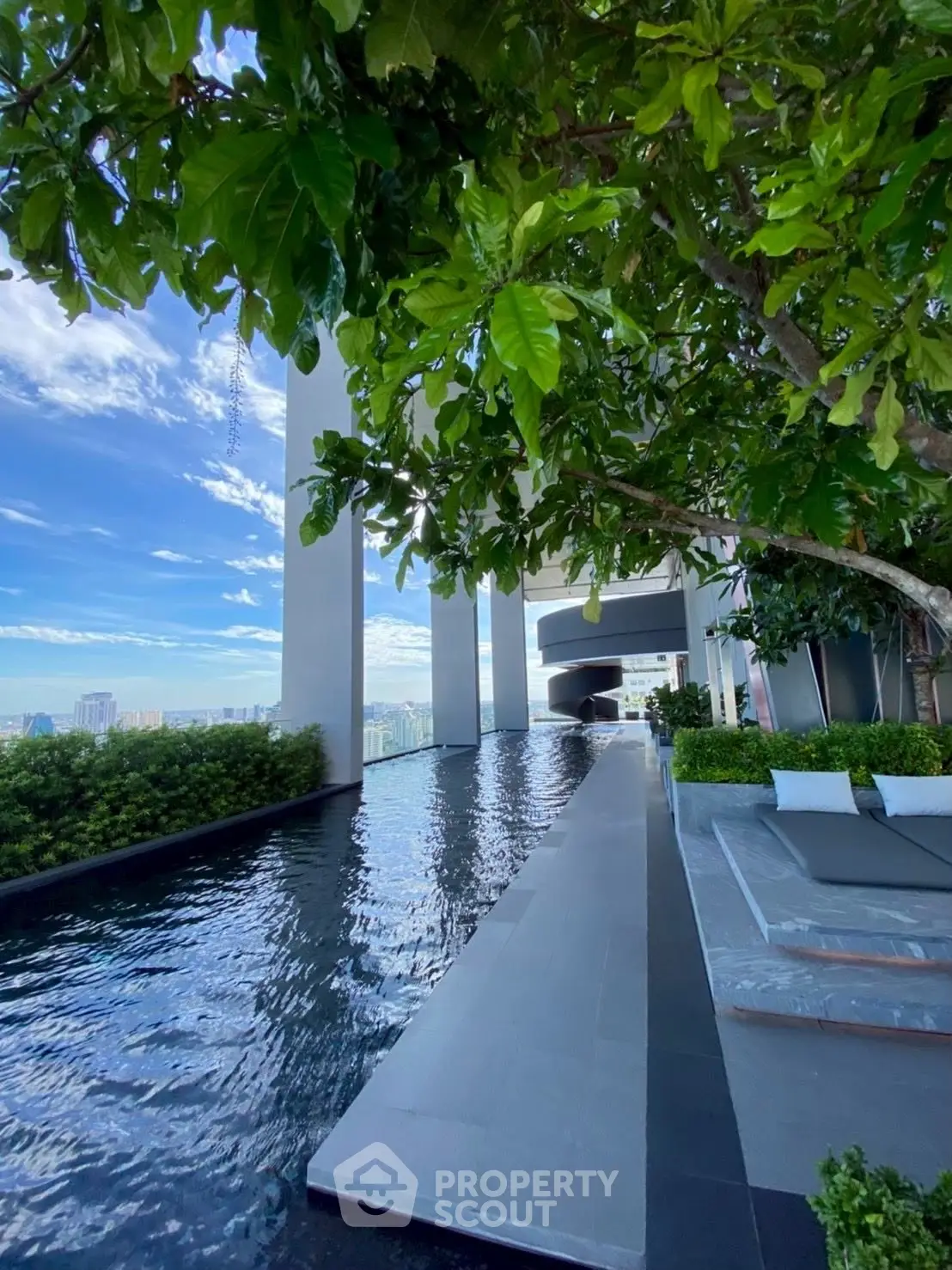 Luxurious rooftop pool with stunning city views and lush greenery