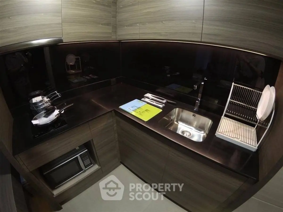 Modern kitchen with sleek dark cabinetry and stainless steel sink