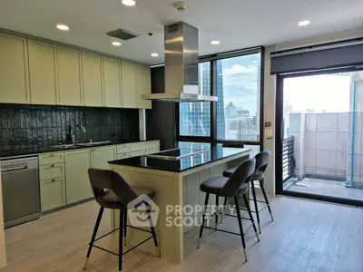 Modern kitchen with island and city view, featuring sleek cabinetry and bar seating.