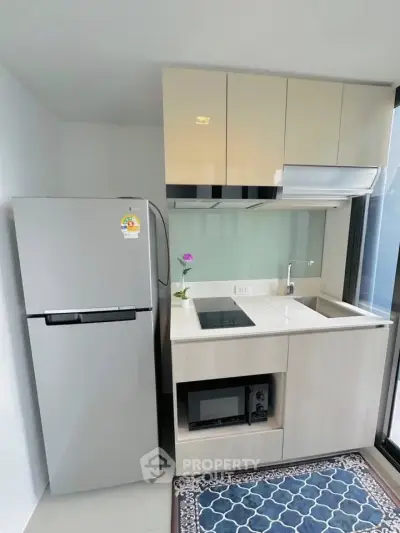 Modern compact kitchen with sleek cabinetry and appliances in a stylish apartment.