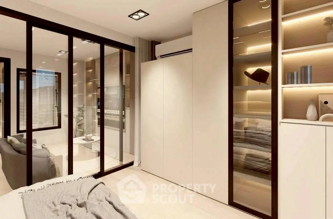 Modern bedroom with glass partitions and built-in storage, featuring sleek design and ambient lighting.