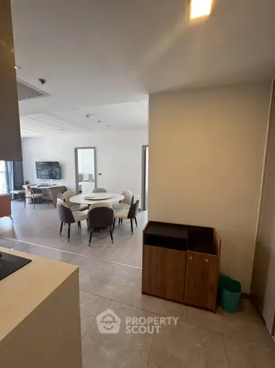 Spacious modern living room with dining area and stylish furniture