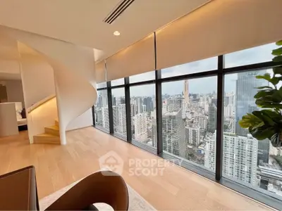 Luxurious high-rise apartment with panoramic city views and elegant spiral staircase.