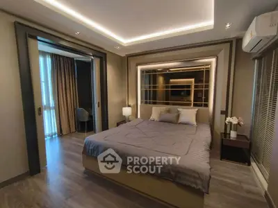 Luxurious modern bedroom with elegant lighting and stylish decor