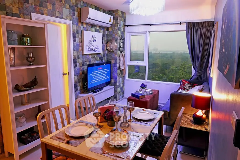 Charming living room with dining area and scenic window view, perfect for cozy gatherings.