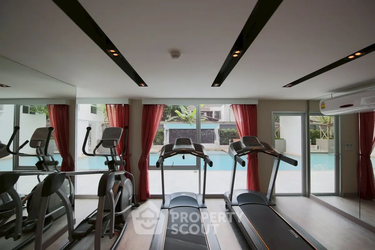 Luxurious gym with pool view in modern real estate property