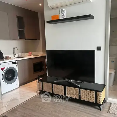 Modern apartment interior with sleek kitchen and stylish living area featuring a TV and washing machine.