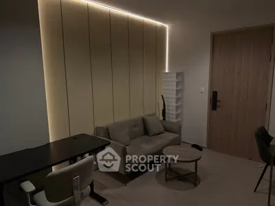 Modern living room with sleek furniture and ambient lighting