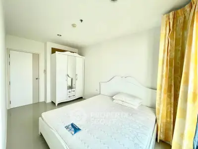 Bright bedroom with white furniture and yellow curtains in modern apartment