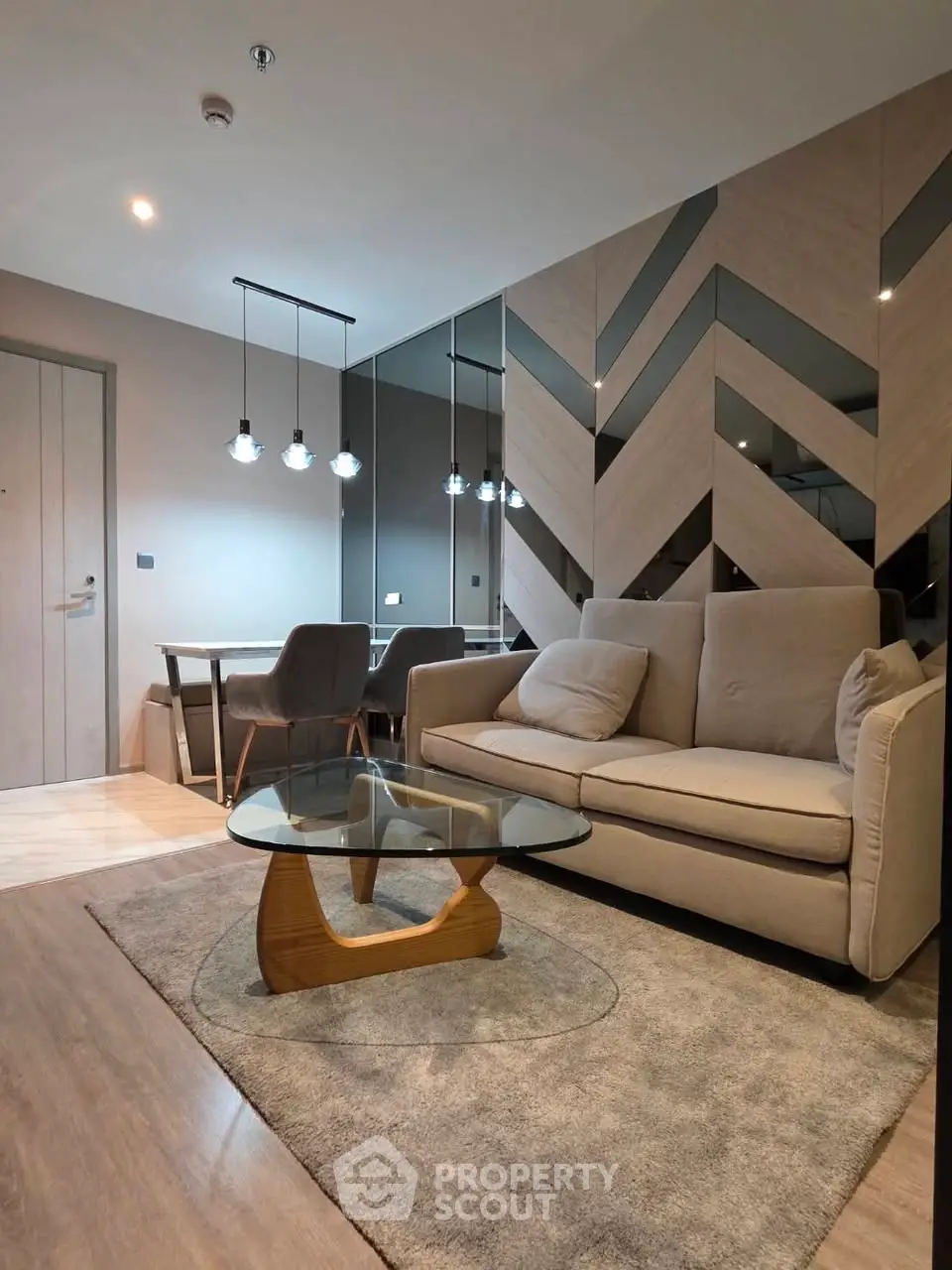 Modern living room with stylish decor and cozy seating area