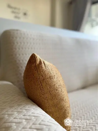 Cozy living room with stylish beige sofa and textured cushion