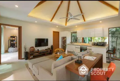 Stunning open-layout living room with modern kitchen and high ceilings in tropical home.