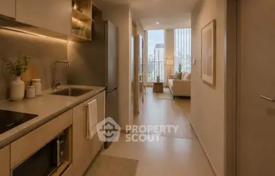 Modern apartment interior with sleek kitchen and cozy living area, featuring city view through large windows.